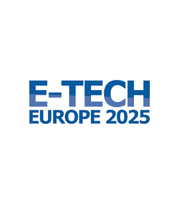 E-TECH Europe 2025 logo su sfondo bianco, evento innovazioni componenti elettromeccanici distribuito da Alhof.
